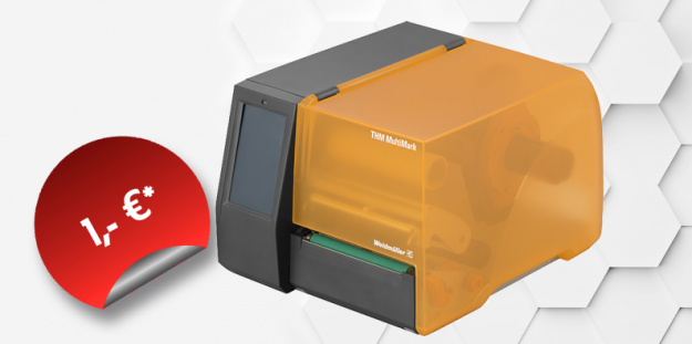 Ein Multimark-Produkt von Weidmüller vor einem weißen Hintergrund mit Wabenmuster und links ist ein roter Kreis mit der Aufschrift "1,-€*" und einem silbernen Knick am unteren Kreisrand