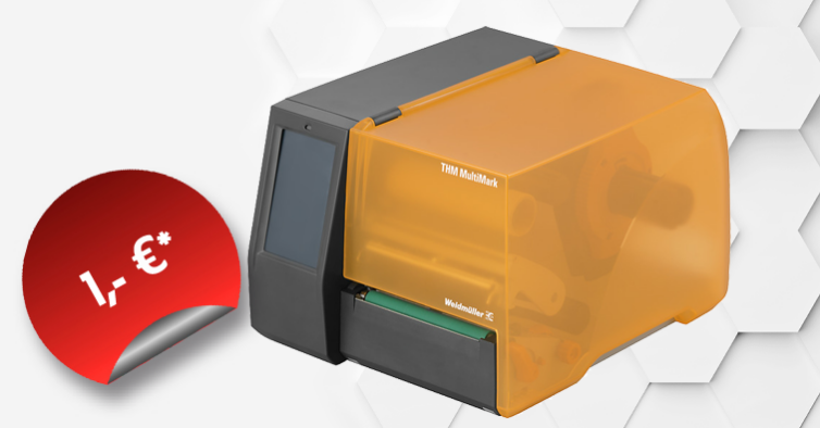 Ein Multimark-Produkt von Weidmüller vor einem weißen Hintergrund mit Wabenmuster und links ist ein roter Kreis mit der Aufschrift "1,-€*" und einem silbernen Knick am unteren Kreisrand