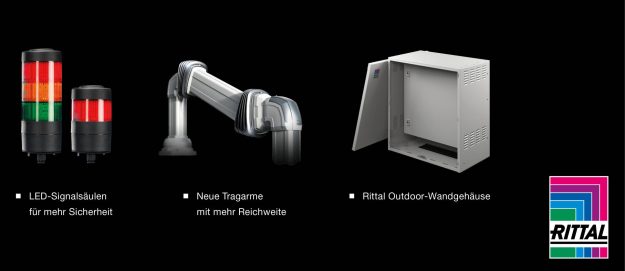 Banner mit drei Rittal Produkten, von links nach rechts Signalleuchten, Tragarmsystem und Wandgehäuse und dem Rittal Logo in der unteren rechten Ecke