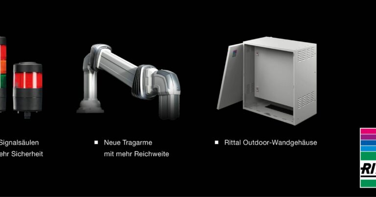 Banner mit drei Rittal Produkten, von links nach rechts Signalleuchten, Tragarmsystem und Wandgehäuse und dem Rittal Logo in der unteren rechten Ecke