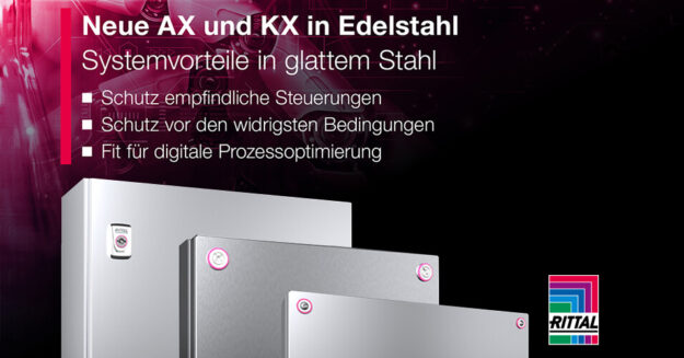 Werbebanner mit Produktbeschreibung am oberen Bildrand, einer pinken Roboterhand im Hintergrund und drei ausgestellten voreinander aufgereihten Schaltschränken vor schwarzem Hintergrund und dem Rittal Logo in der rechten unteren Ecke.