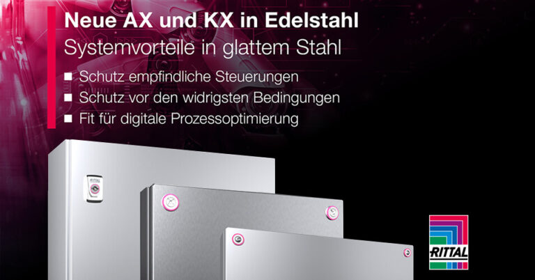 Werbebanner mit Produktbeschreibung am oberen Bildrand, einer pinken Roboterhand im Hintergrund und drei ausgestellten voreinander aufgereihten Schaltschränken vor schwarzem Hintergrund und dem Rittal Logo in der rechten unteren Ecke.