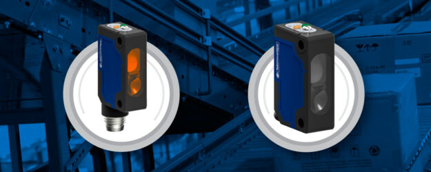 Im Hintergrund ist ein Fließband mit zwei Paketen und im Vordergrund sind zwei Bilder von Produkten ausgestellt und dahinter ein weiß-grauer Kreis.