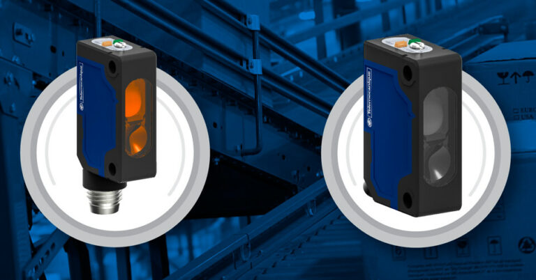 Im Hintergrund ist ein Fließband mit zwei Paketen und im Vordergrund sind zwei Bilder von Produkten ausgestellt und dahinter ein weiß-grauer Kreis.