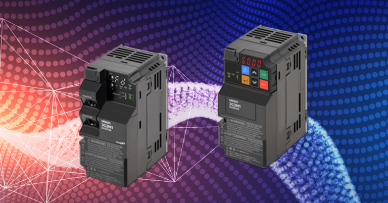 Vor einem blau-lila Hintergrund mit weißen Kreisen und einem Liniennetz sind zwei Omron Geräte zum Frequenz umrichten ausgestellt.