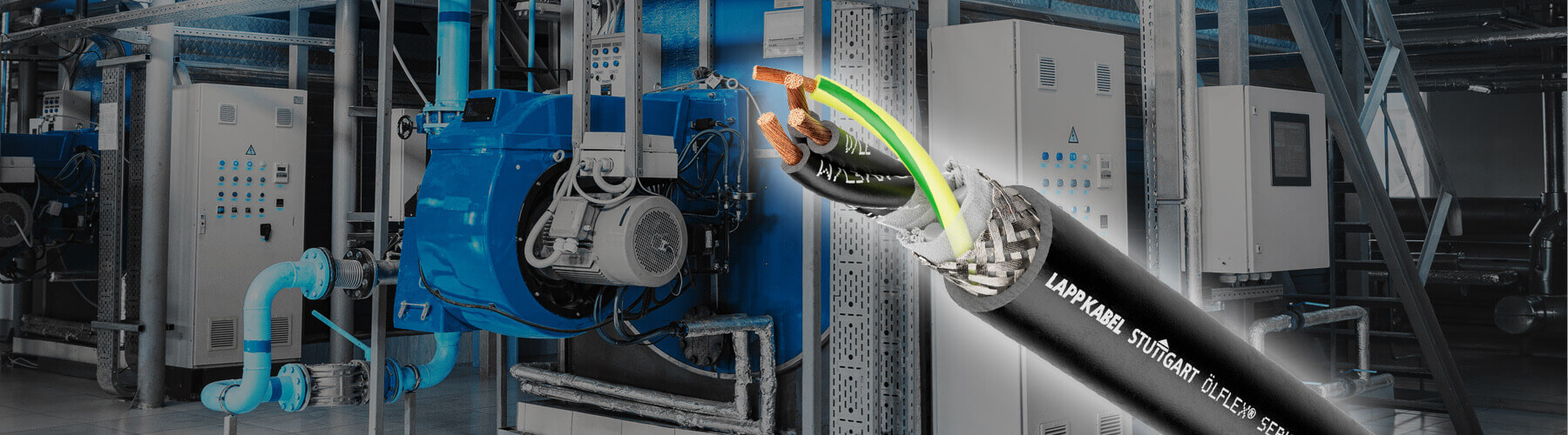 Im Hintergrund ist eine Produktionshalle mit Maschinen und im Vordergrund ist ein schwarzes Kabel ausgetellt, welches zum linken Ende hin in der Bildmitte schichtweise entmantelt wurde und das Innenleben des Kabels aufzeigt.