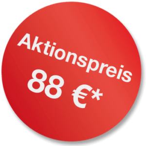 roter Kreis mit der weißen Aufschrift "Aktionspreis 88 €*"