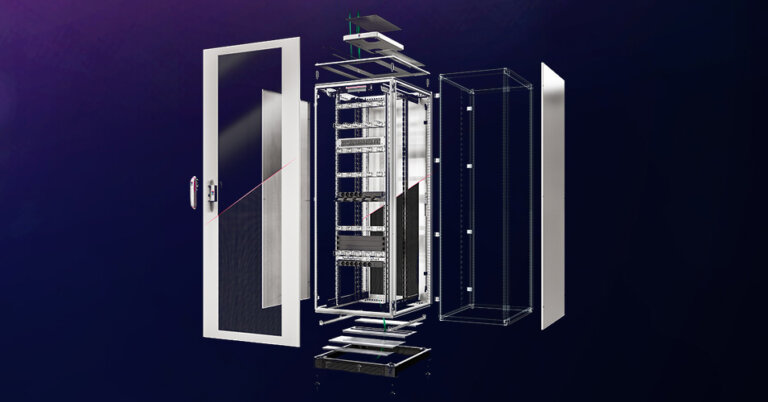 Der Rittal TX CableNet Schaltschrank in Einzelzeilen vor einem dunkelvioletten Hintergrund