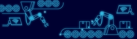 Eine Zeichnung von Roboterarmen an einem Laufband im Zuge der Automatisierung