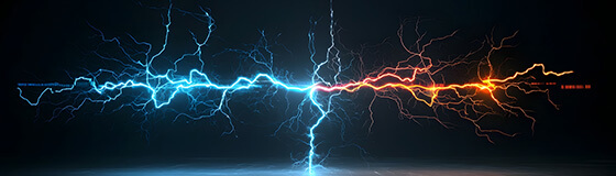 Ein blauer und ein orangener Blitz von Energie treffen aufeinander