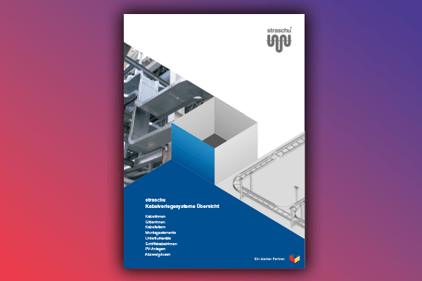 Deckblatt des Prospekts zu Kabelverlegesystemen vor lila-pinkem Farbverlauf als Hintergrund