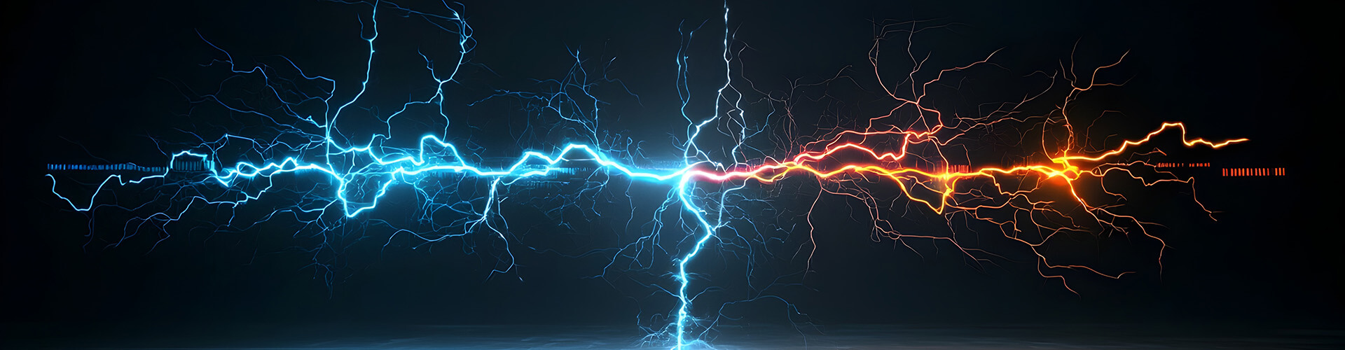 Zwei Stromschläge in blau und orange treffen sich in der Mitte