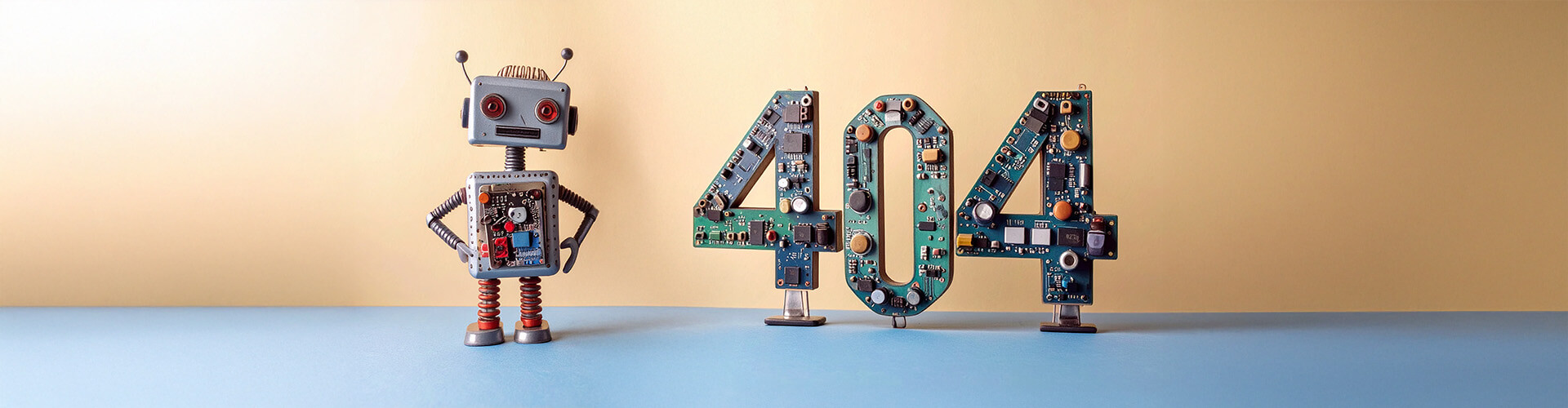 Ein Roboter steht neben einer großen Zahl 404, die aus bestückten Leiterplatten besteht.