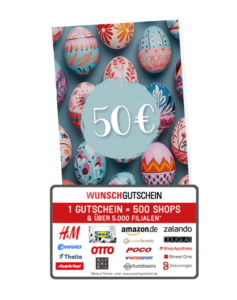 Eine Karte mit Ostereiern und mittig einem hellblauen Kreis mit dem Aufdruck "50€" und unter der Karte ist eine Wunschgutscheinkarte mit verschiedenen Marken und Aufdrucken abgebildet.