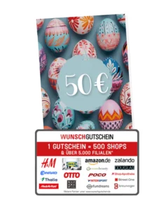 Eine Karte mit Ostereiern und mittig einem hellblauen Kreis mit dem Aufdruck "50€" und unter der Karte ist eine Wunschgutscheinkarte mit verschiedenen Marken und Aufdrucken abgebildet.